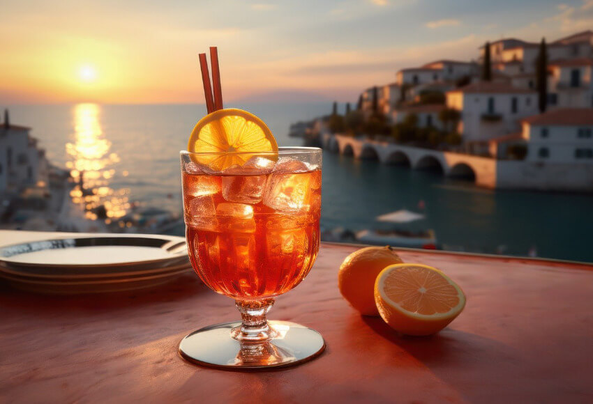 Ein Aperol mit Eiswürfel in einem Cocktailglas mit einer Scheibe Orange und im Hintergrund ein Sonnenuntergang.